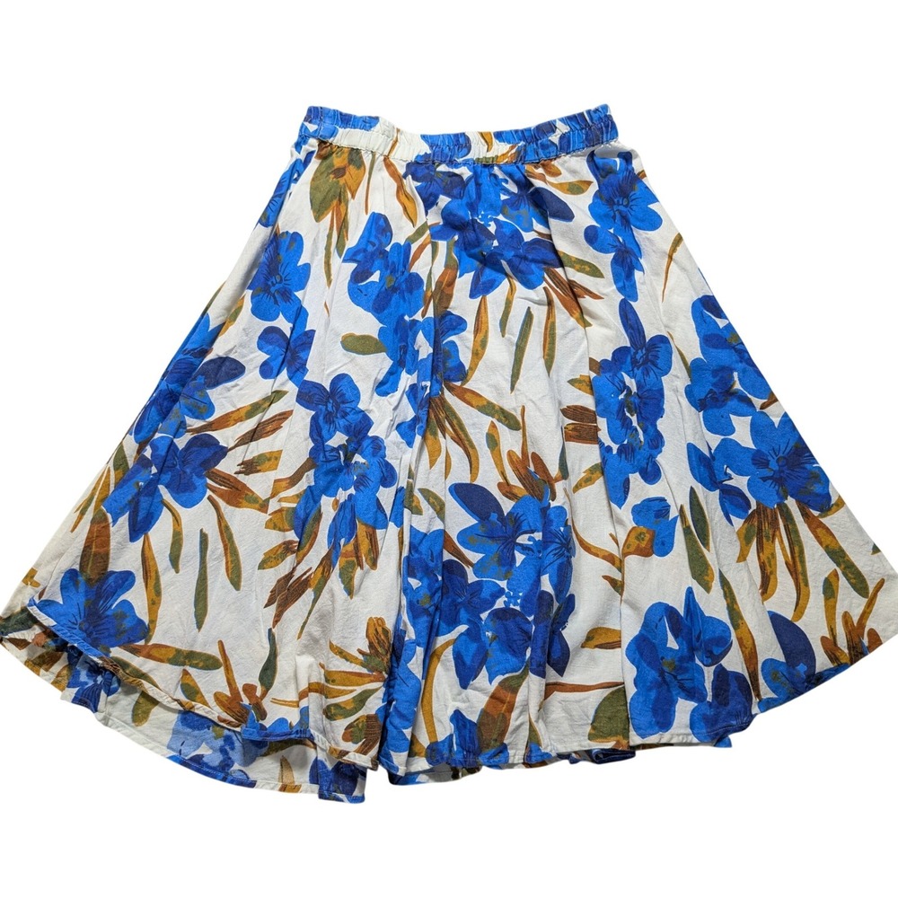 Flint & Moss Blue Floral Cotton Linen Blend Midi Skirt Elastic Waist Women Large